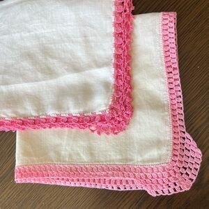 Set of 2 Vintage Cotton Linen Handkerchiefs – Pink Crocheted Trim